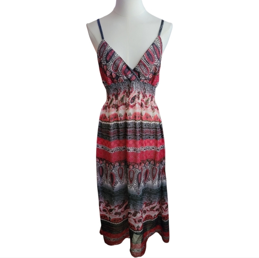 Y2K She's Cool Red Cream and Black Paisley Bohemian Maxi Dress Size Large Junior